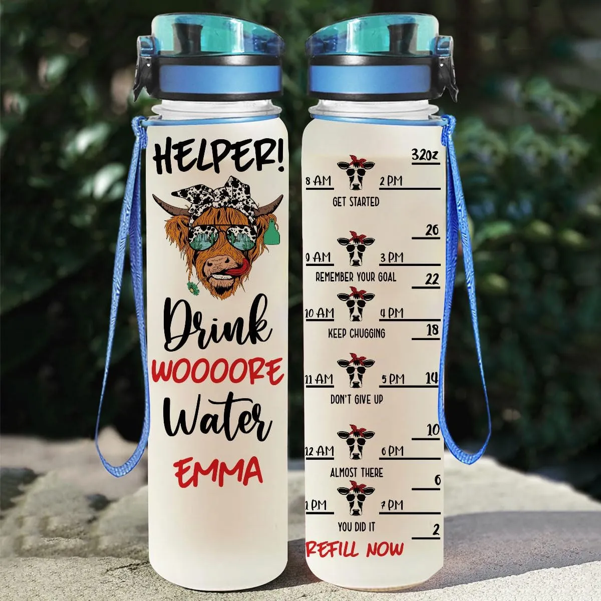 Helper Drink Woooore Water Heifer Cow Farm Animal Motivational Tracker Working Out Gym Running Sport Custom Personalized Name Water Bottle Tracker 32oz
