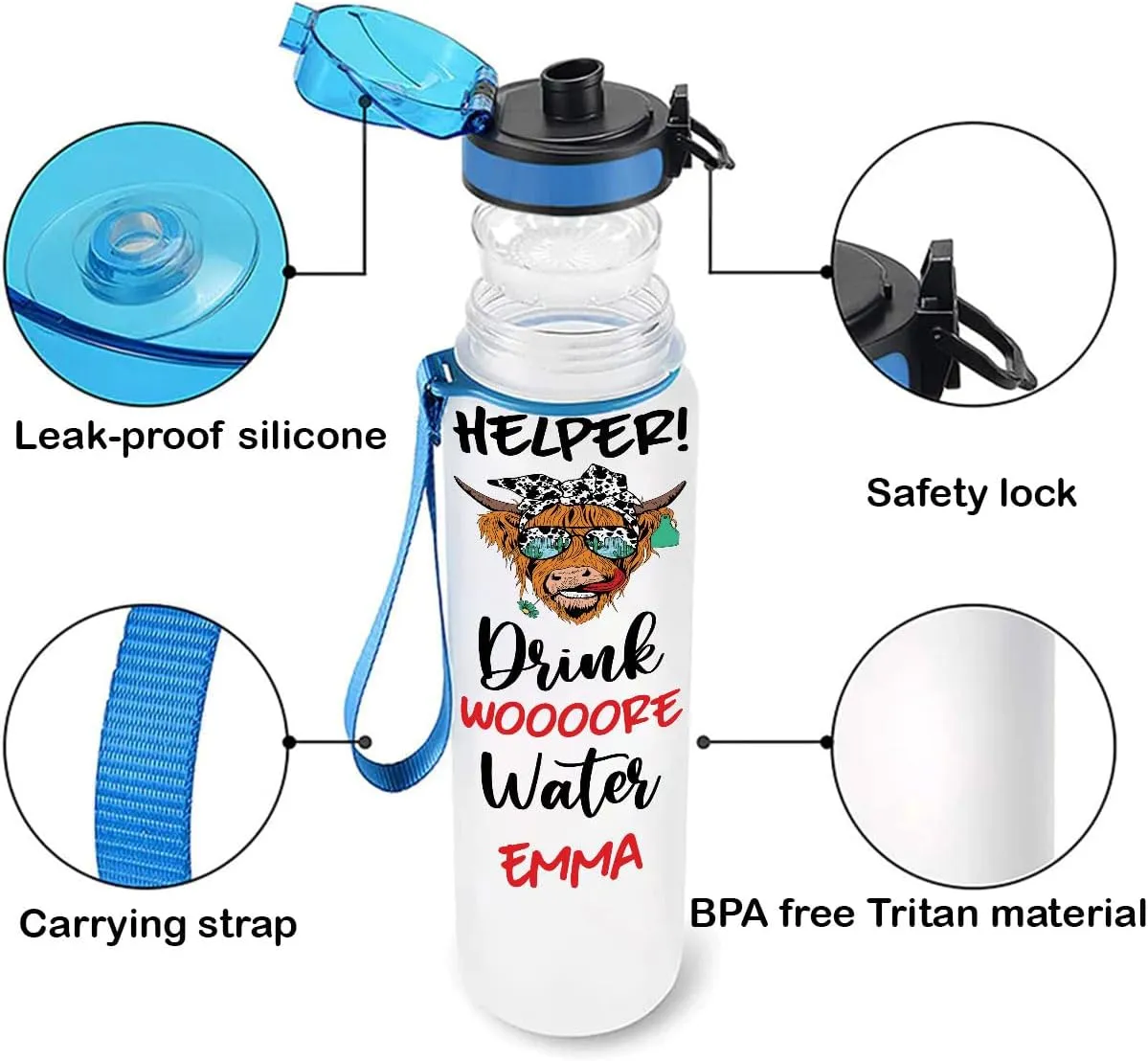 Helper Drink Woooore Water Heifer Cow Farm Animal Motivational Tracker Working Out Gym Running Sport Custom Personalized Name Water Bottle Tracker 32oz