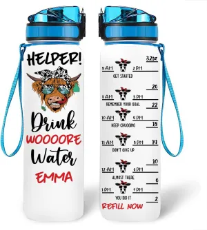 Helper Drink Woooore Water Heifer Cow Farm Animal Motivational Tracker Working Out Gym Running Sport Custom Personalized Name Water Bottle Tracker 32oz