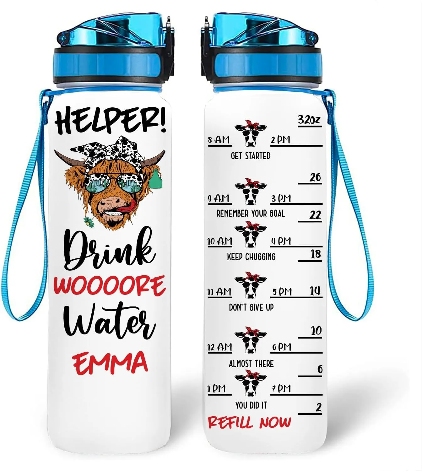 Helper Drink Woooore Water Heifer Cow Farm Animal Motivational Tracker Working Out Gym Running Sport Custom Personalized Name Water Bottle Tracker 32oz