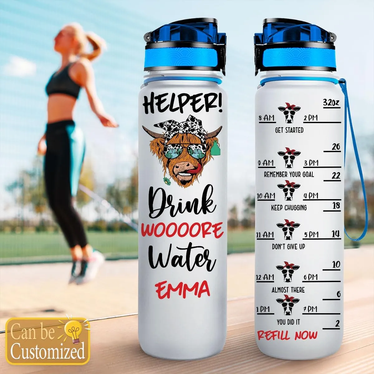 Helper Drink Woooore Water Heifer Cow Farm Animal Motivational Tracker Working Out Gym Running Sport Custom Personalized Name Water Bottle Tracker 32oz