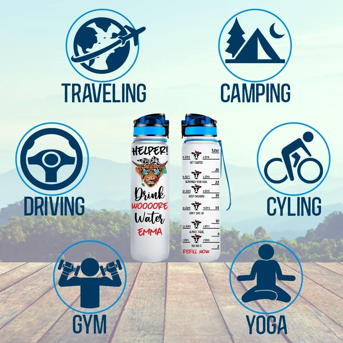 Helper Drink Woooore Water Heifer Cow Farm Animal Motivational Tracker Working Out Gym Running Sport Custom Personalized Name Water Bottle Tracker 32oz