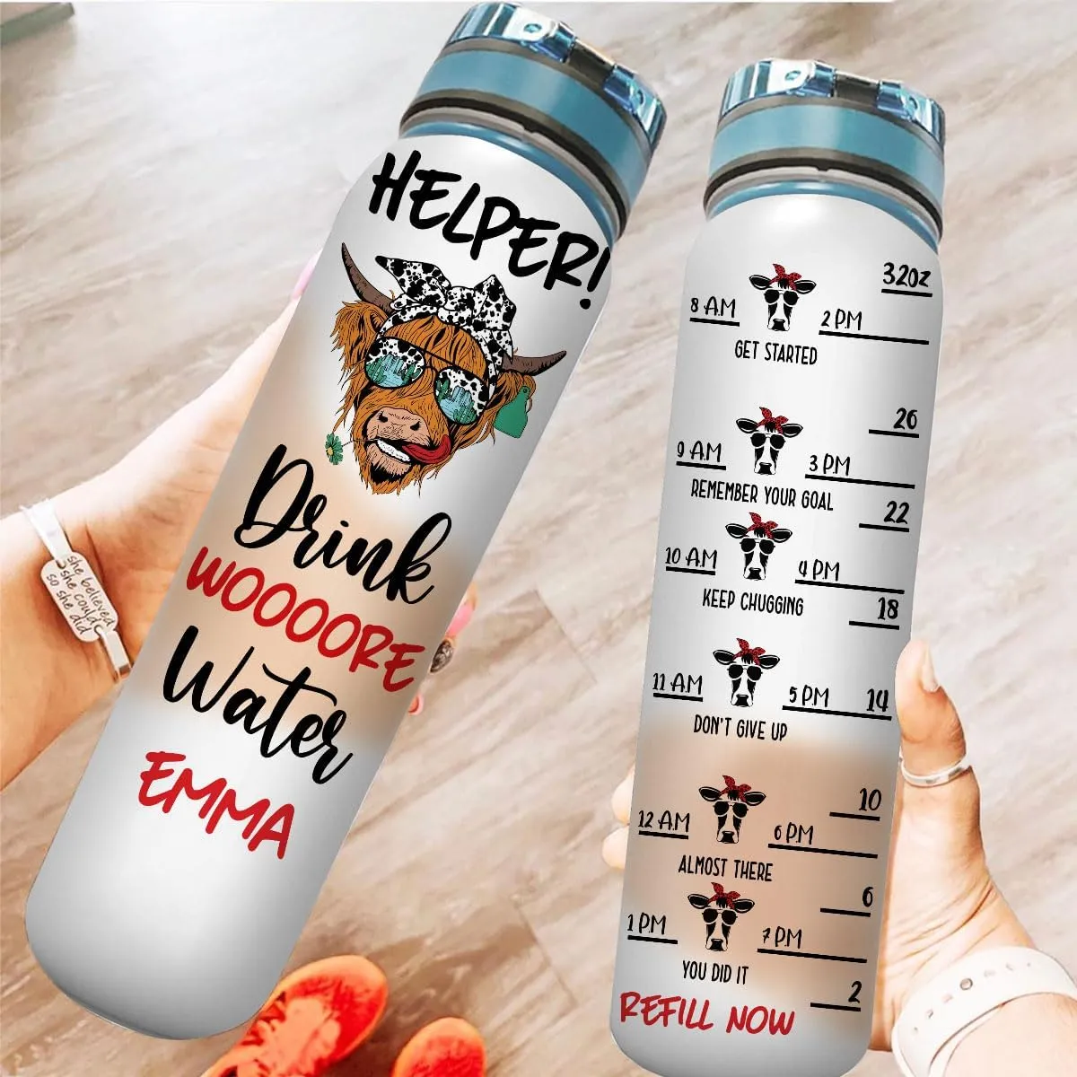 Helper Drink Woooore Water Heifer Cow Farm Animal Motivational Tracker Working Out Gym Running Sport Custom Personalized Name Water Bottle Tracker 32oz