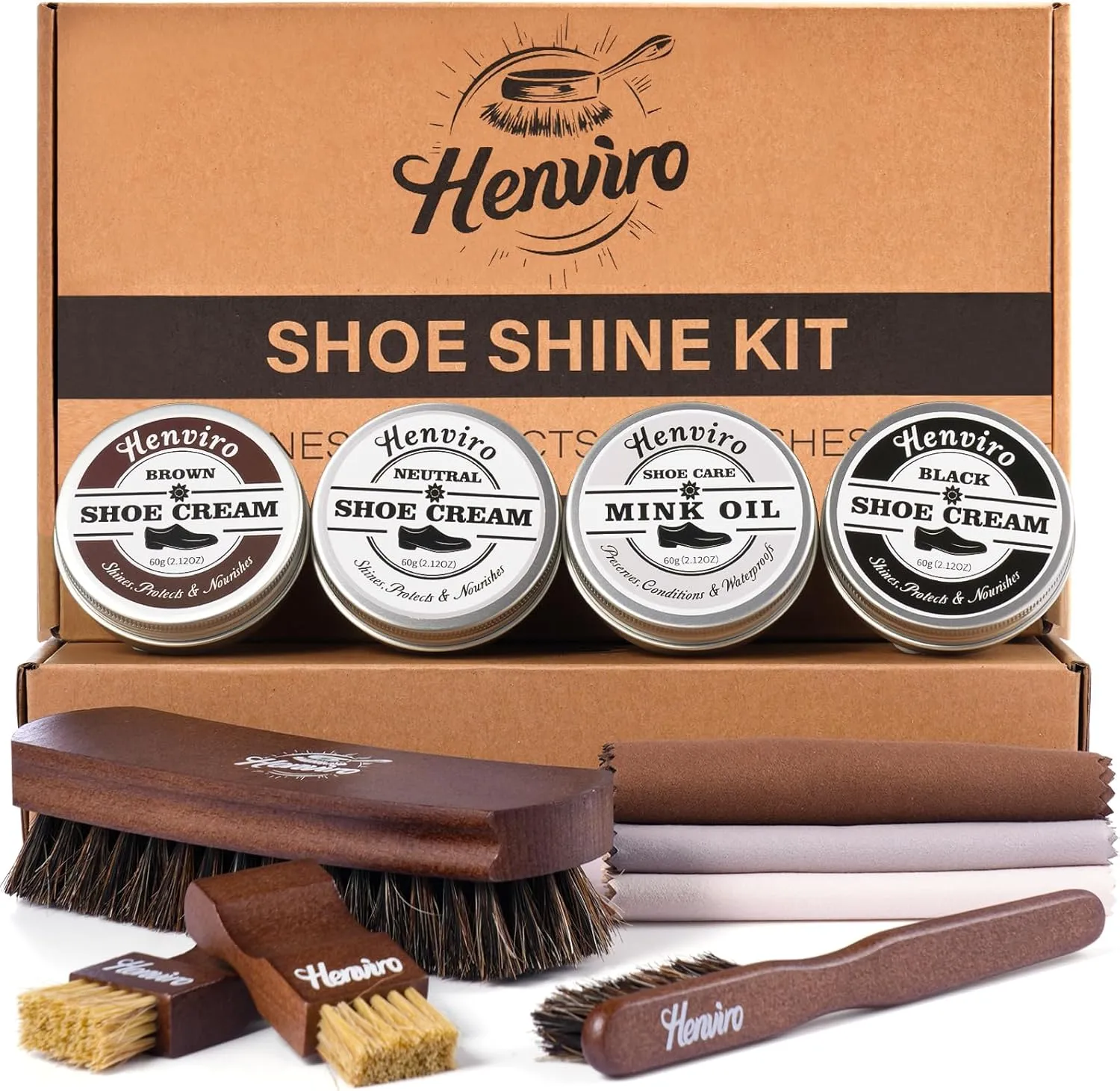 Henviro Leather Shoe Shine Kit For Men - 12 PCS Shoe Polish Kit, Leather Boots Care Kit, Shoe Care Kit Gift for Men