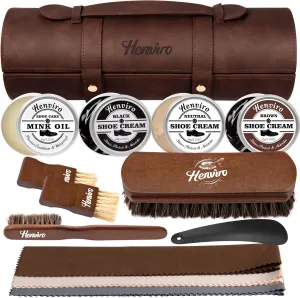 Henviro Leather Shoe Shine Kit For Men - 13 PCS Shoe Polish Kit, Leather Boots Care, Shoe Care Kit Gift for Men Him Husband
