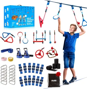 Heroz Obstacle Course for Kids - Ninja Warrior Obstacle Course for Kids Outdoor Play Equipment 65ft Double Slackline, Monkey Bars, Wheel, Climbing Rope - Jungle Gym Ninja Course for Kids Outside