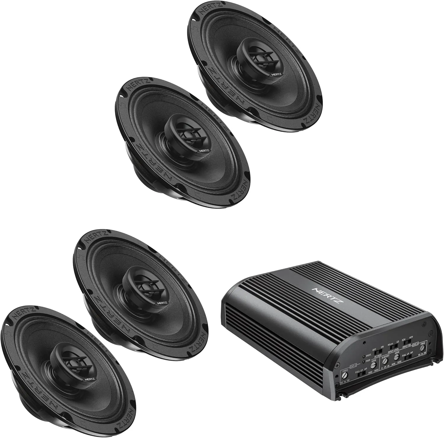 Hertz SP-4.500 D-Class 4 Channel Amplifier with 2 Pairs of SX-165-NEO SPL Show Series 6.5" Two-Way SPL Coaxial Speakers