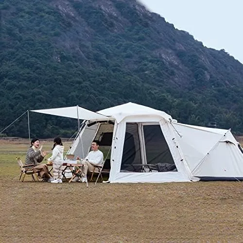 Hexagonal Outdoor Camping Tent with Spliceable Front Extension, 4-Season Large Family Glamping Tents with Sun Shelter Porch for Party, Hunting, Hiking