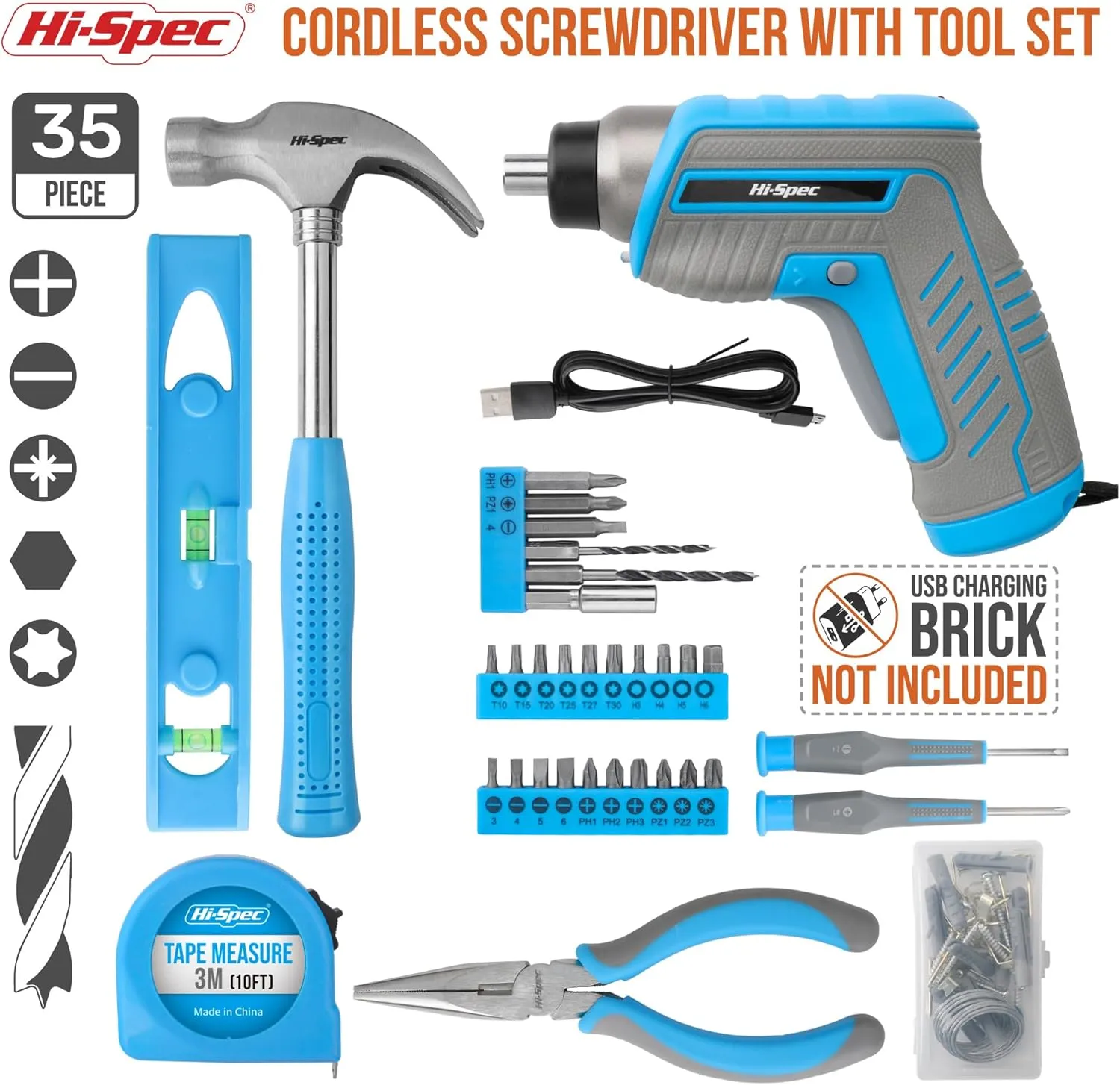 Hi-Spec 35pc Blue Tool Kit with 3.6V USB Electric Screwdriver and Drill set. Complete General Tool Set