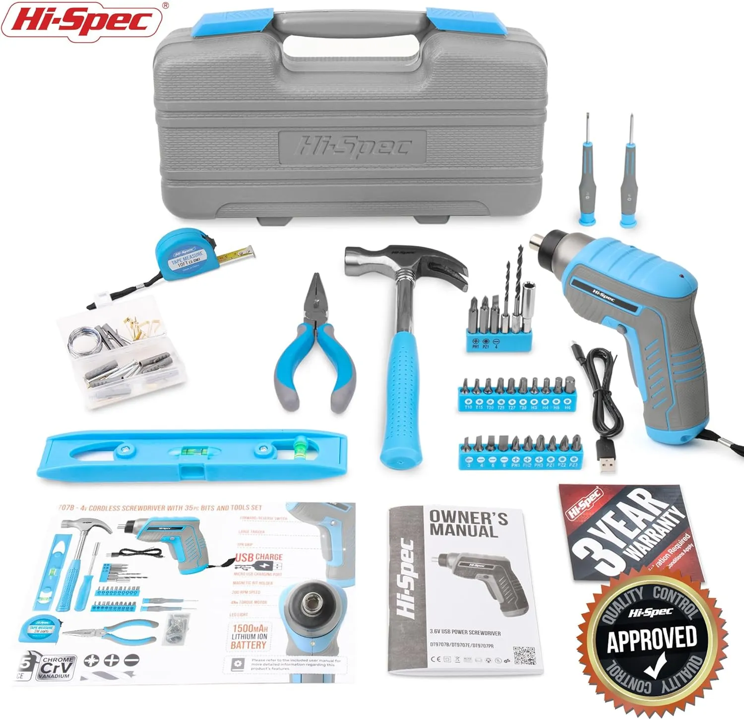 Hi-Spec 35pc Blue Tool Kit with 3.6V USB Electric Screwdriver and Drill set. Complete General Tool Set