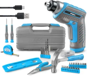 Hi-Spec 35pc Blue Tool Kit with 3.6V USB Electric Screwdriver and Drill set. Complete General Tool Set