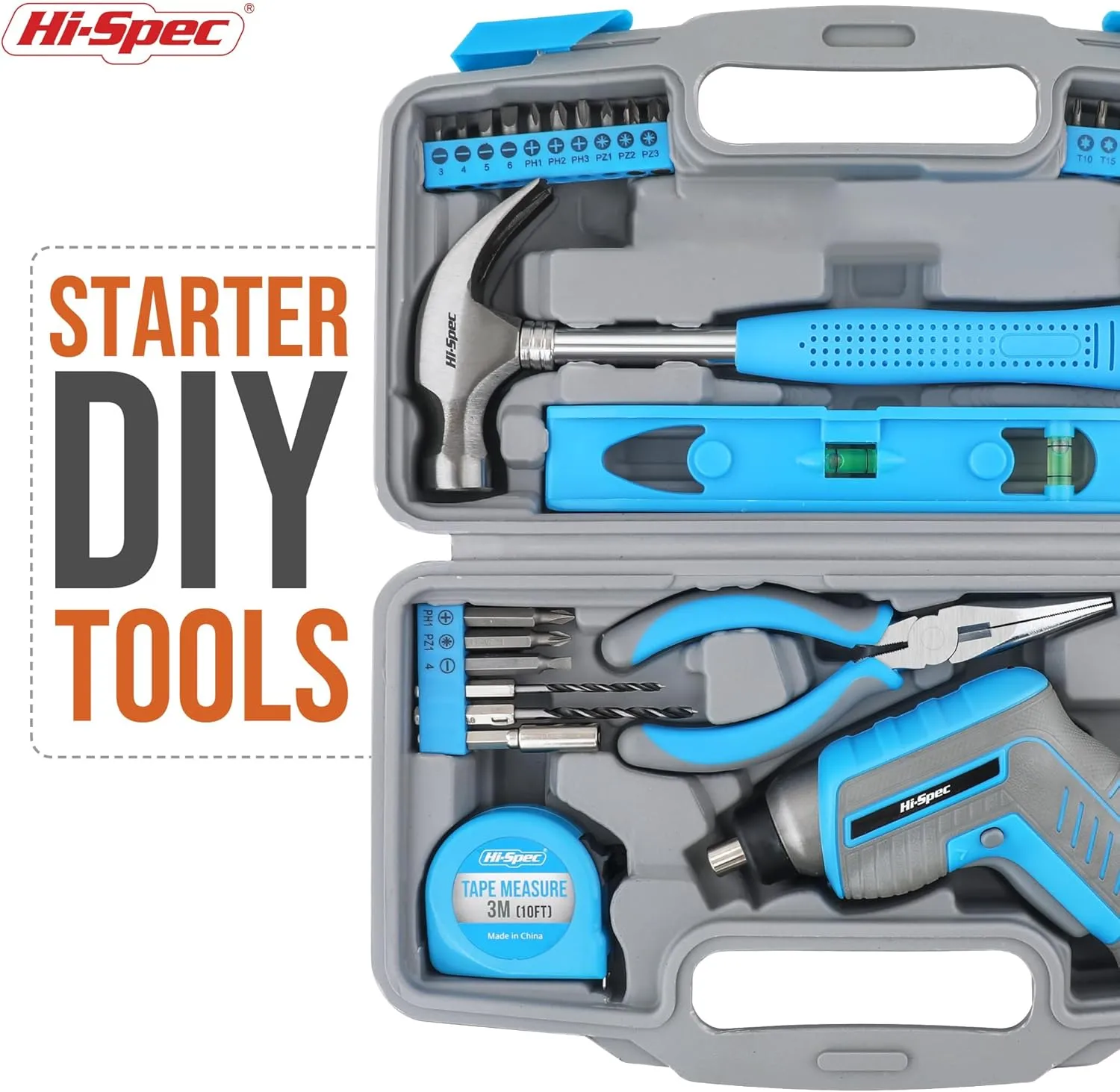 Hi-Spec 35pc Blue Tool Kit with 3.6V USB Electric Screwdriver and Drill set. Complete General Tool Set