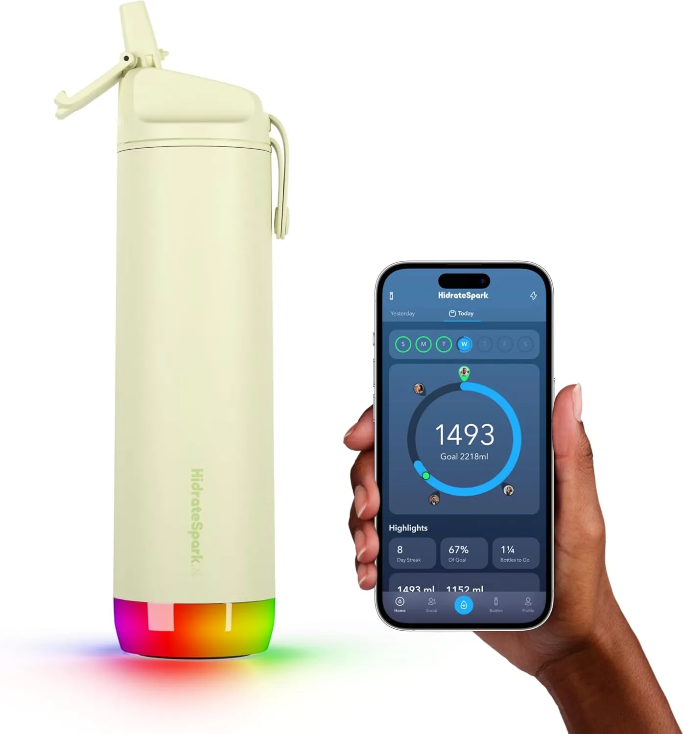 Hidrate Spark PRO Smart Water Bottle – Insulated Stainless Steel – Tracks Water Intake with Bluetooth, LED Glow Reminder When You Need to Drink – Straw Lid, 21 oz