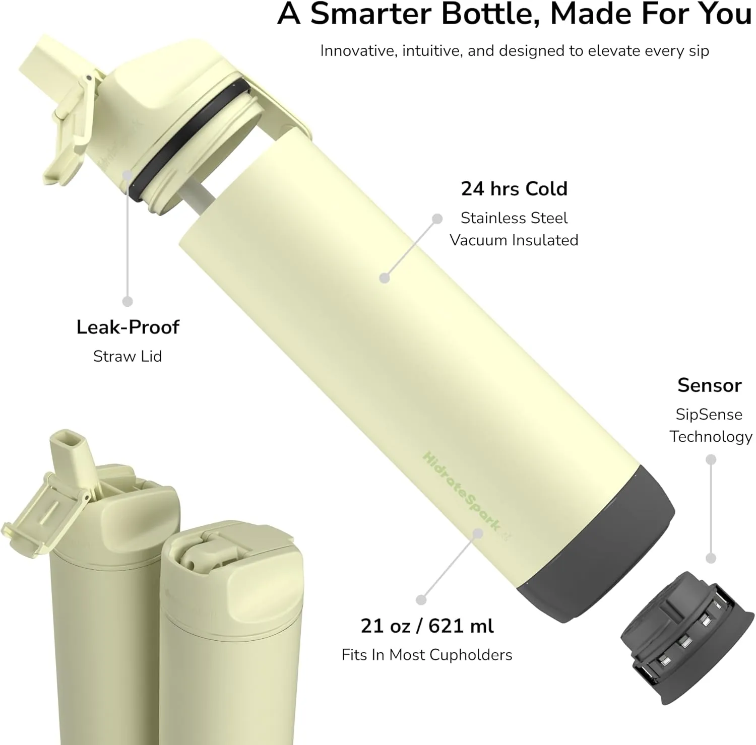 Hidrate Spark PRO Smart Water Bottle – Insulated Stainless Steel – Tracks Water Intake with Bluetooth, LED Glow Reminder When You Need to Drink – Straw Lid, 21 oz