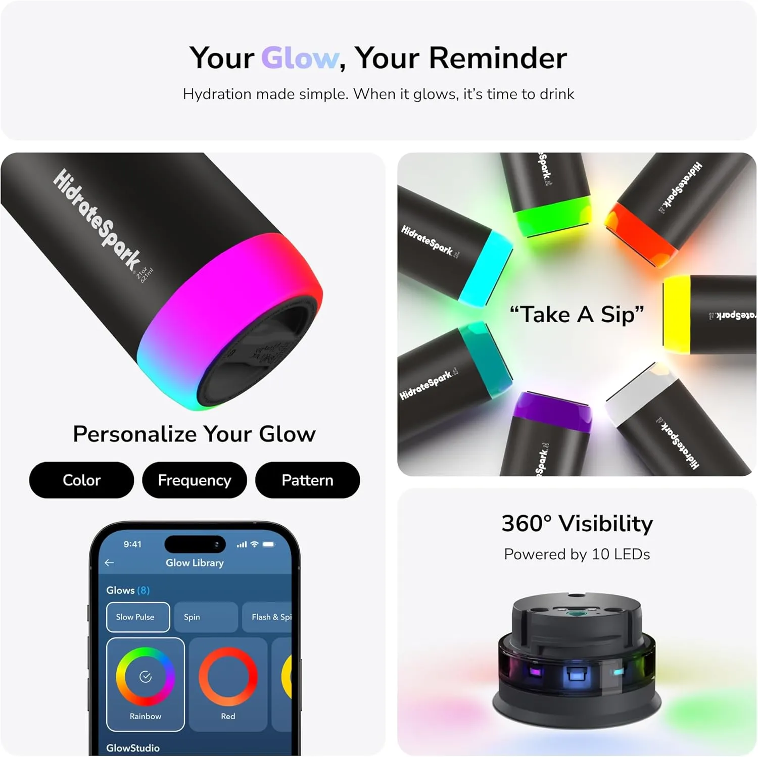 Hidrate Spark PRO Smart Water Bottle – Insulated Stainless Steel – Tracks Water Intake with Bluetooth, LED Glow Reminder When You Need to Drink – Straw Lid, 21 oz