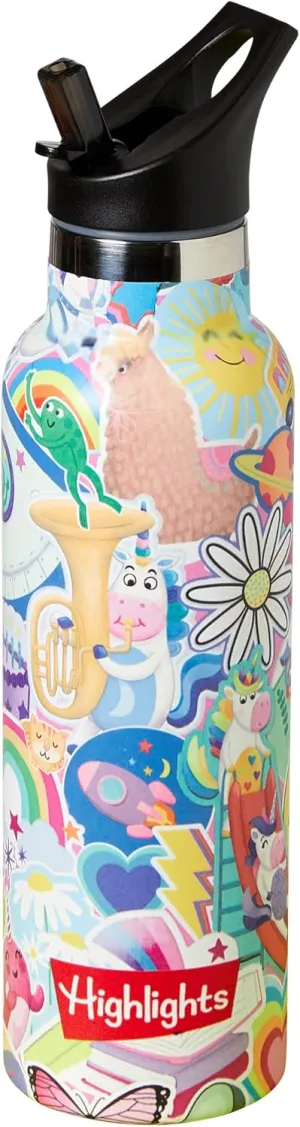 Highlights for Children Insulated Water Bottle for Kids, 20-Ounce Stainless Steel Water Bottles for Boys and Girls, Double Wall Vacuum Insulated, Kids Water Bottle for School (Rainbow Unicorn - Pink)