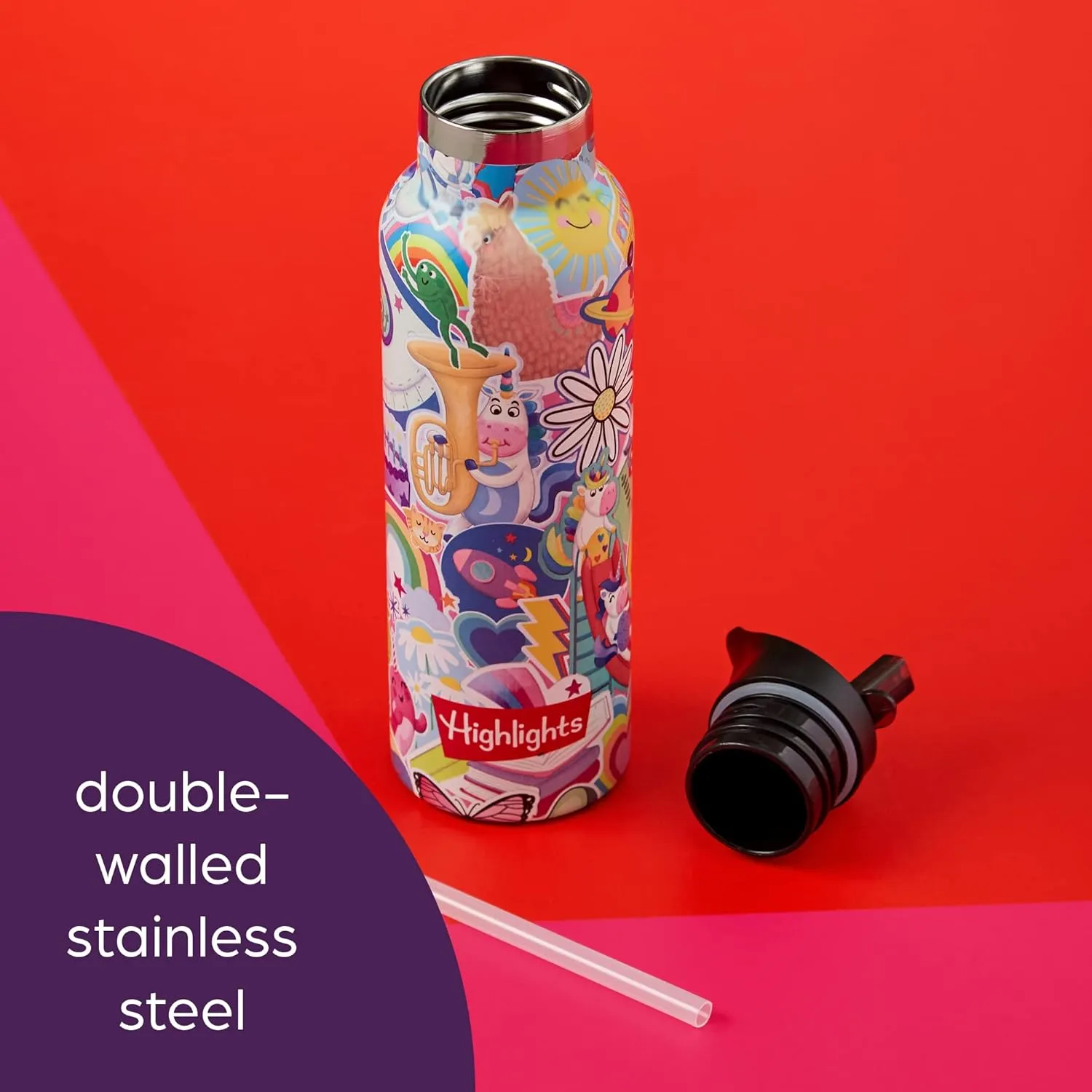 Highlights for Children Insulated Water Bottle for Kids, 20-Ounce Stainless Steel Water Bottles for Boys and Girls, Double Wall Vacuum Insulated, Kids Water Bottle for School (Rainbow Unicorn - Pink)