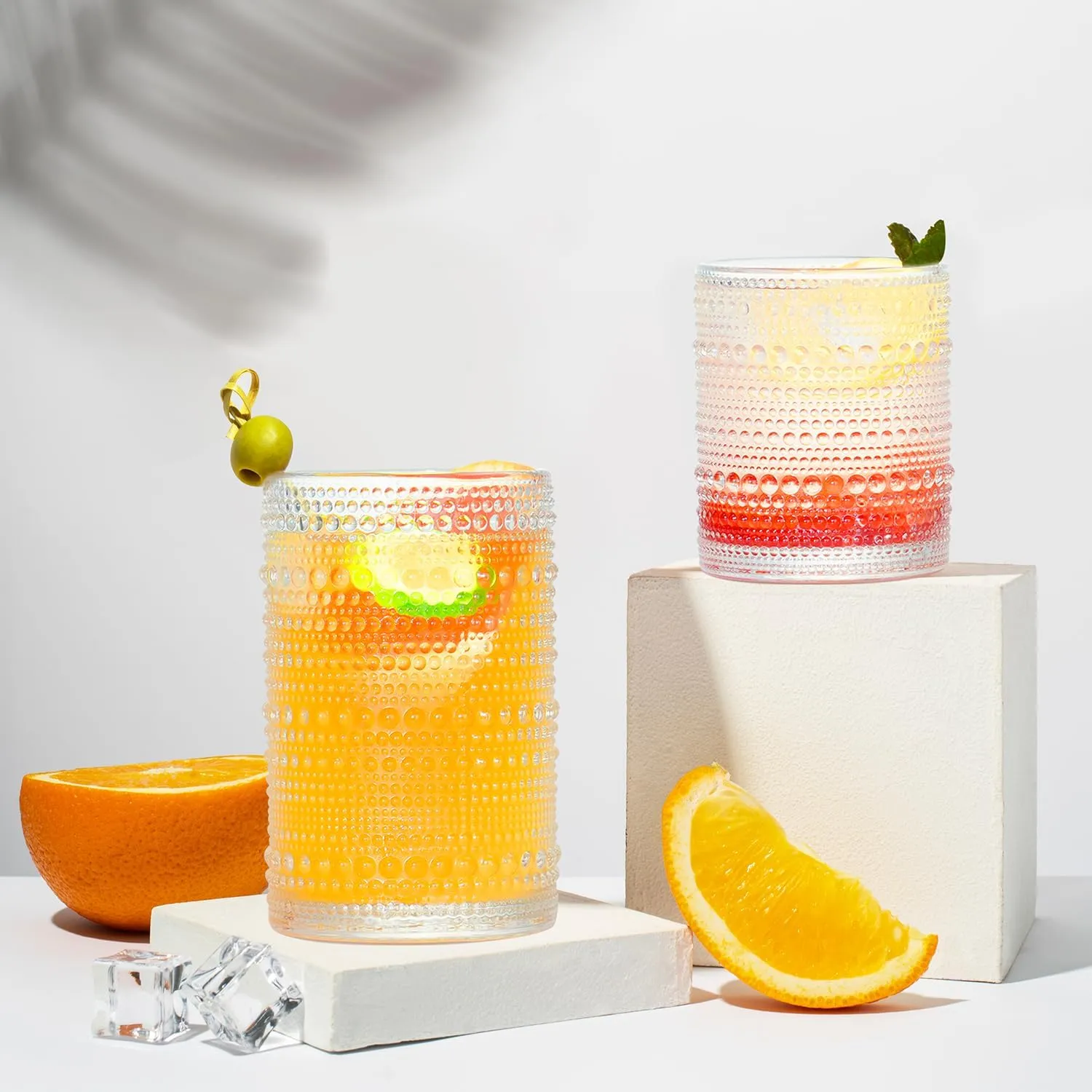Hobnail Drinking Glasses with Straws, 15 oz & 12 oz Vintage Drinking Glasses Set of 8, Embossed Glasses Drinking Set, Textured Glass Cups for Kitchen, Beer, Juice, Cocktail, Whiskey, Milk