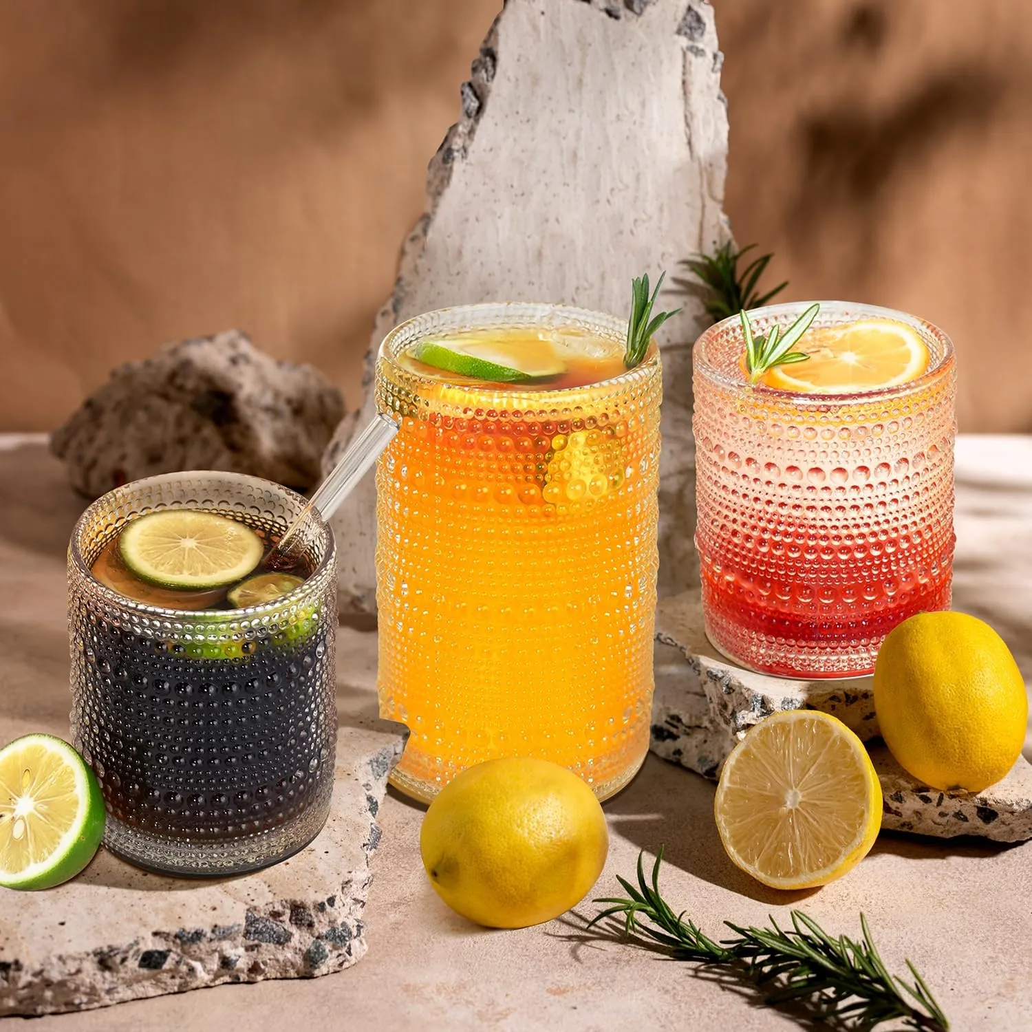 Hobnail Drinking Glasses with Straws, 15 oz & 12 oz Vintage Drinking Glasses Set of 8, Embossed Glasses Drinking Set, Textured Glass Cups for Kitchen, Beer, Juice, Cocktail, Whiskey, Milk