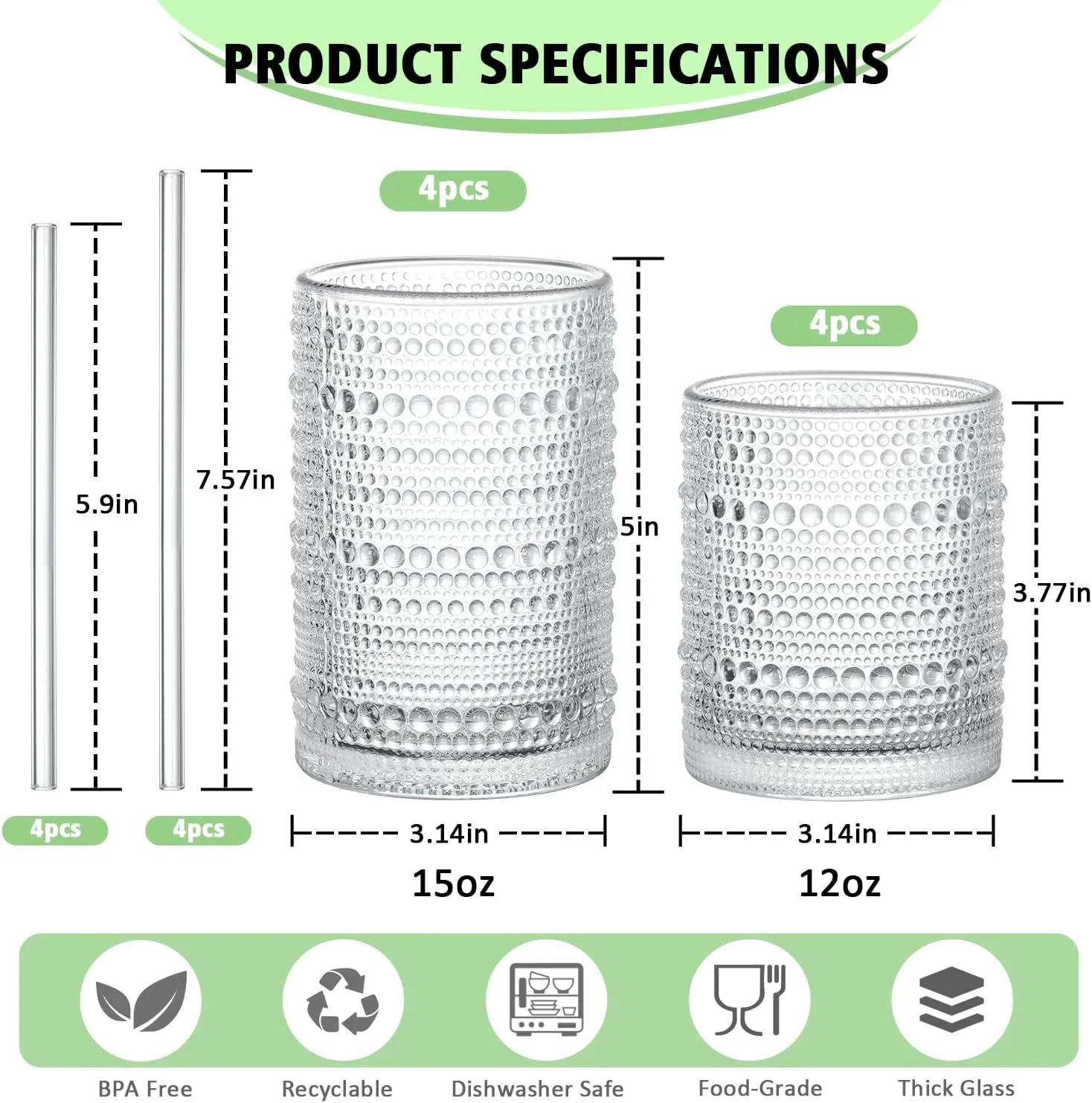 Hobnail Drinking Glasses with Straws, 15 oz & 12 oz Vintage Drinking Glasses Set of 8, Embossed Glasses Drinking Set, Textured Glass Cups for Kitchen, Beer, Juice, Cocktail, Whiskey, Milk