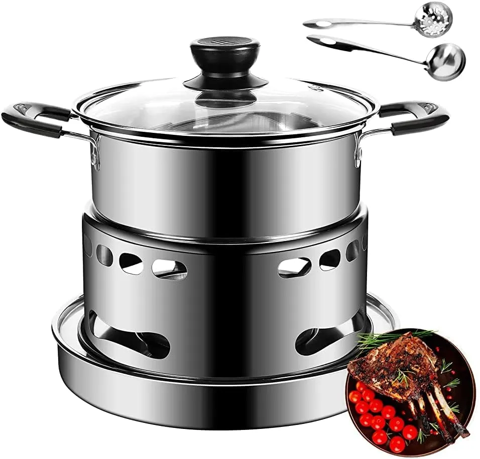 Hot Pot Alcohol Stove, Spirit Cooker with Pot, Camping Stoves Set, Gas Stovetop, Easy to Carry, No Power Required, Stainless Steel Liquid Stove, Camping Cooker for Indoor Outdoor Camping Hiking(16CM)