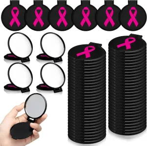 Huwena 100 Pcs Breast Cancer Awareness Accessories Gift Bulk Pink Ribbon Style Breast Cancer Compact Mirror for Women Small Pocket Purse Round Portable Folding Makeup Mirror