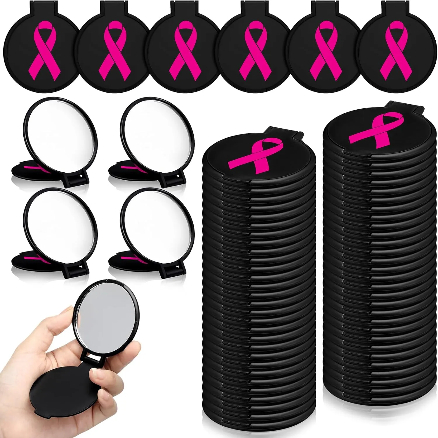 Huwena 100 Pcs Breast Cancer Awareness Accessories Gift Bulk Pink Ribbon Style Breast Cancer Compact Mirror for Women Small Pocket Purse Round Portable Folding Makeup Mirror