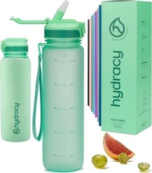 Hydracy Water Bottle with Time Marker -Large BPA Free Water Bottle & No Sweat Sleeve -Leak Proof Gym Bottle with Fruit Infuser Strainer & Times to Drink -Ideal for Fitness Sports & Outdoors