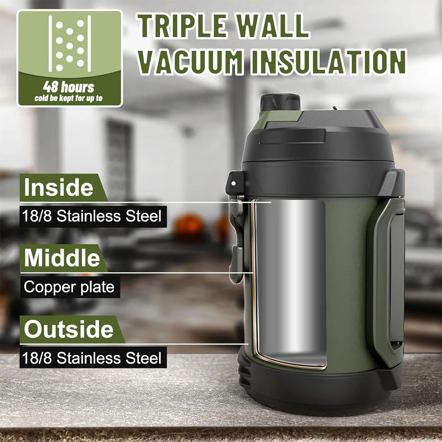 Hydraful 1 Gallon Water Jug, 128 oz Large Insulated Stainless Steel Sports Water Jug, Large Triple Wall Vacuum Insulation Water Bottle-Keeps Cold up to 48 Hrs-Sweat Proof, for Gym, Hiking & Camping
