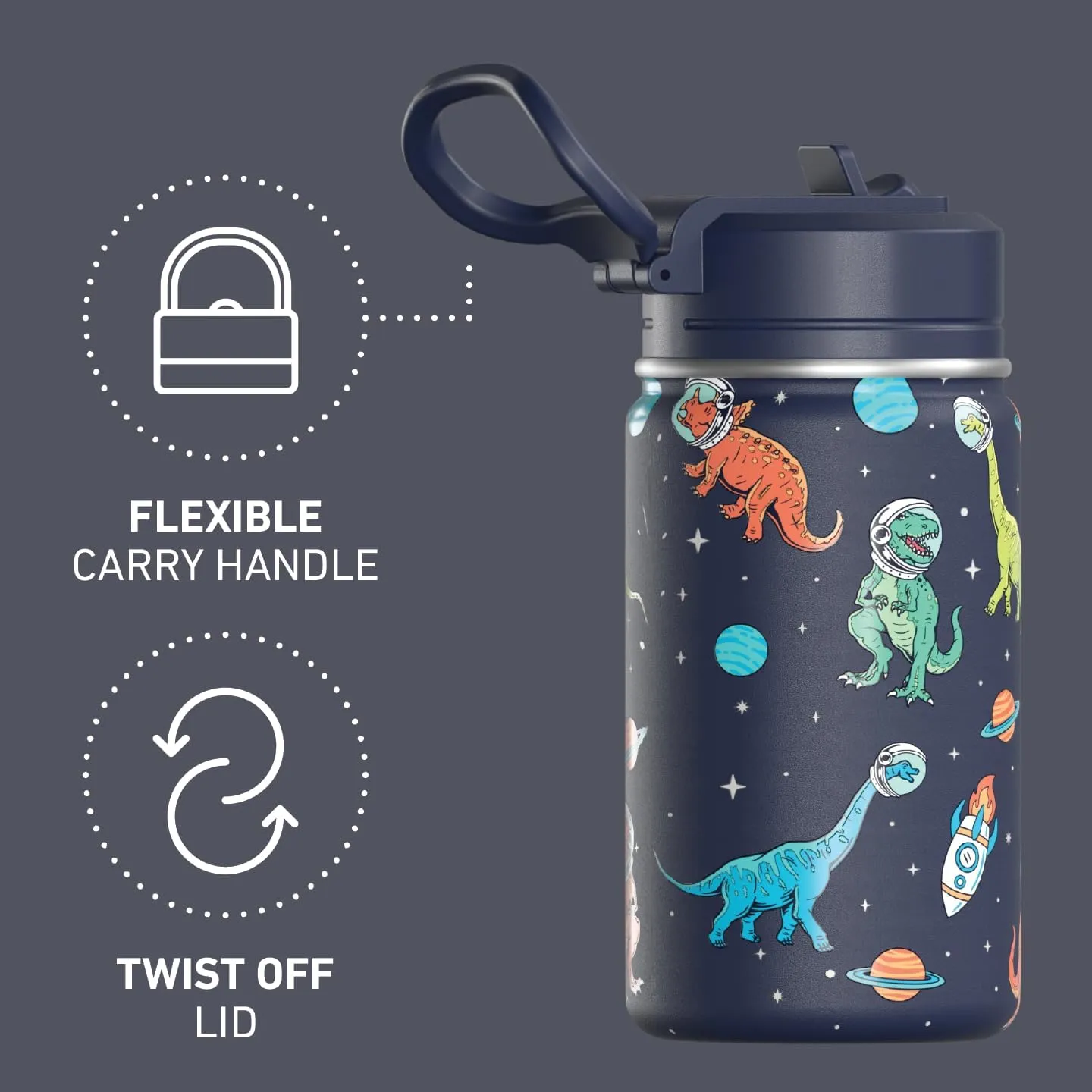 Hydrapeak Mini 14oz Fun Sticker Print Water Bottle with Straw Lid, Stainless Steel Double Wall Insulated Water Bottle, Leak-Proof and Spill-Proof Water Bottle, Dino Space Navy