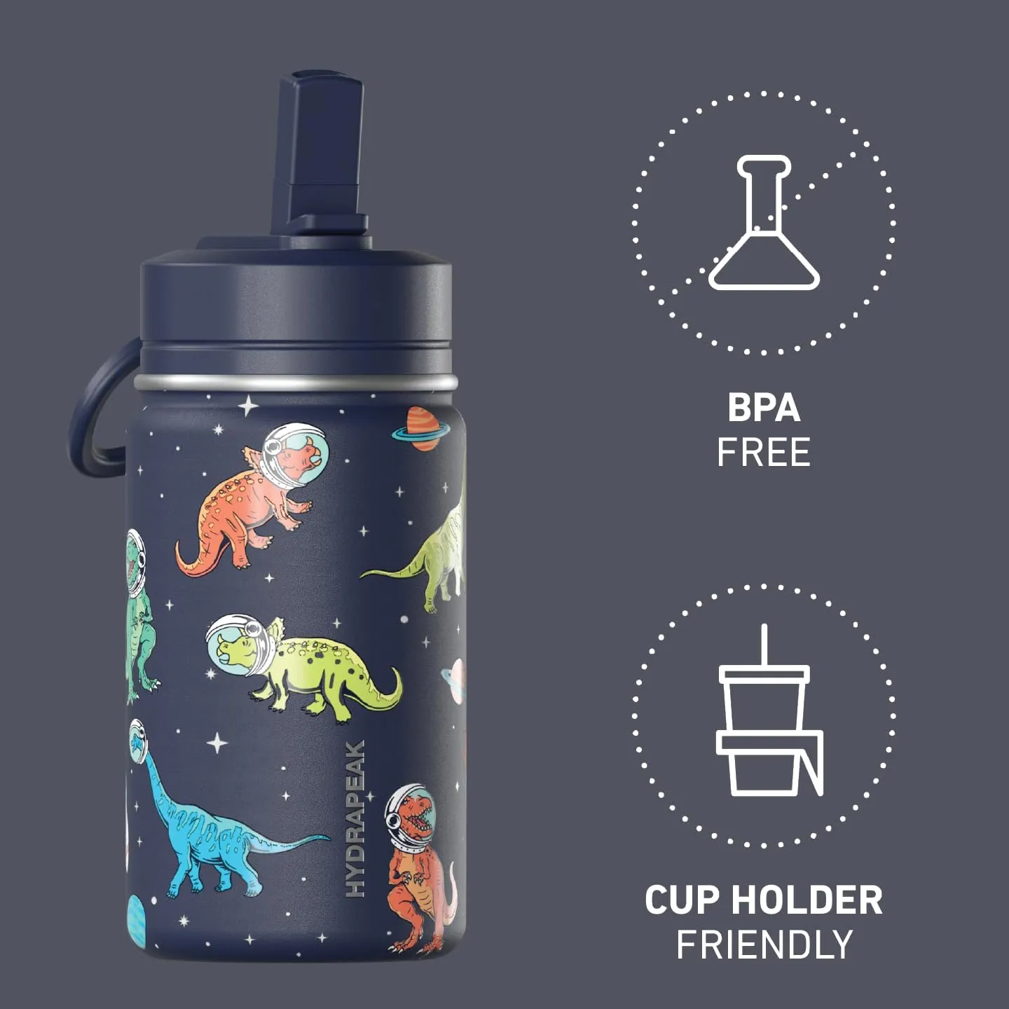Hydrapeak Mini 14oz Fun Sticker Print Water Bottle with Straw Lid, Stainless Steel Double Wall Insulated Water Bottle, Leak-Proof and Spill-Proof Water Bottle, Dino Space Navy