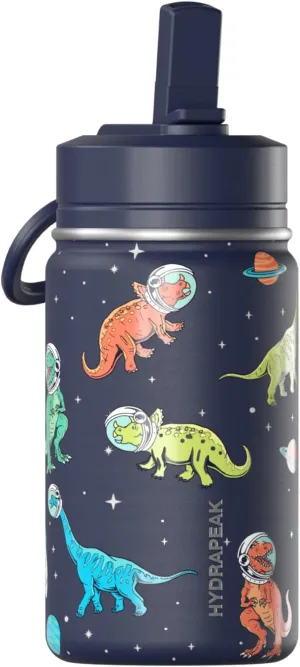 Hydrapeak Mini 14oz Fun Sticker Print Water Bottle with Straw Lid, Stainless Steel Double Wall Insulated Water Bottle, Leak-Proof and Spill-Proof Water Bottle, Dino Space Navy