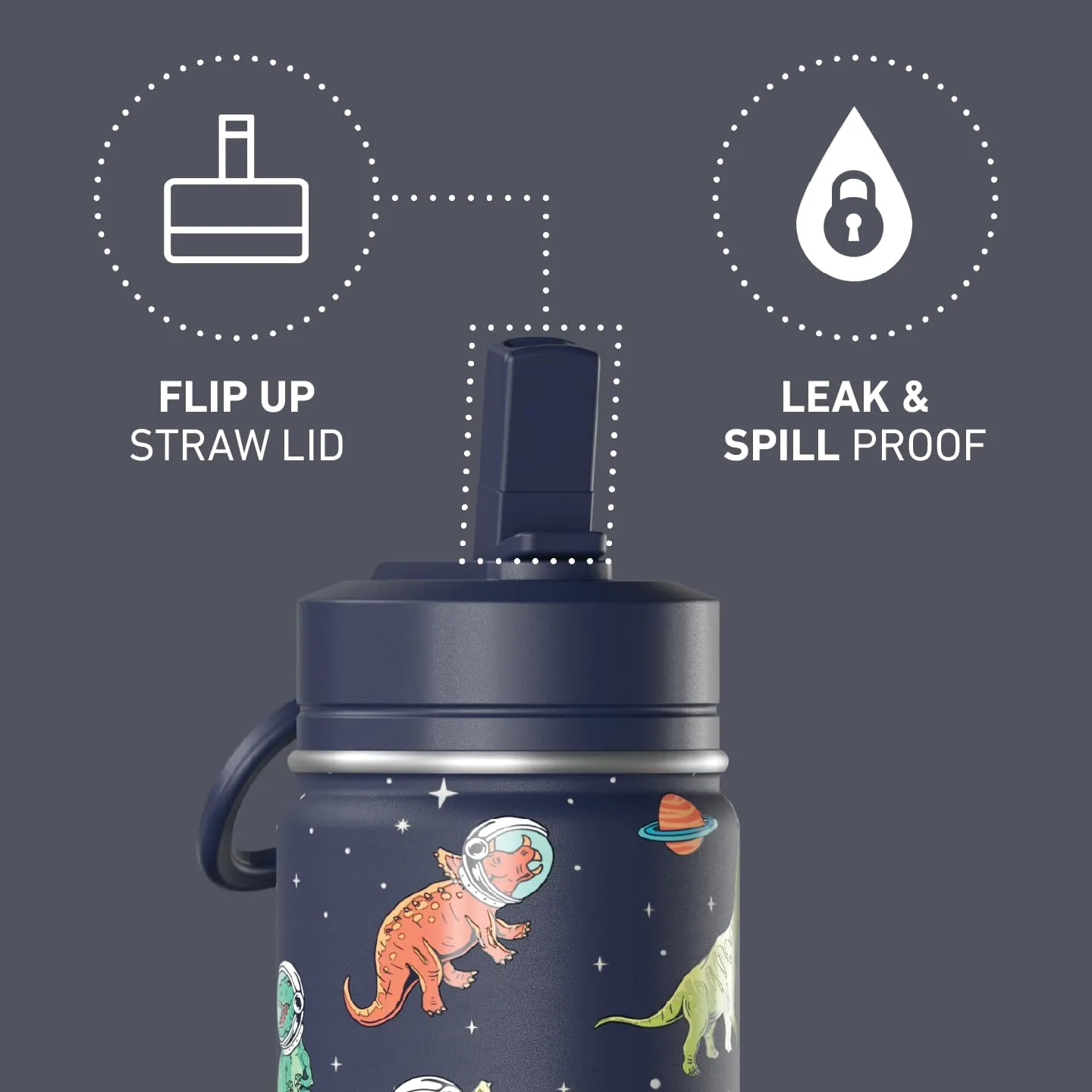 Hydrapeak Mini 14oz Fun Sticker Print Water Bottle with Straw Lid, Stainless Steel Double Wall Insulated Water Bottle, Leak-Proof and Spill-Proof Water Bottle, Dino Space Navy