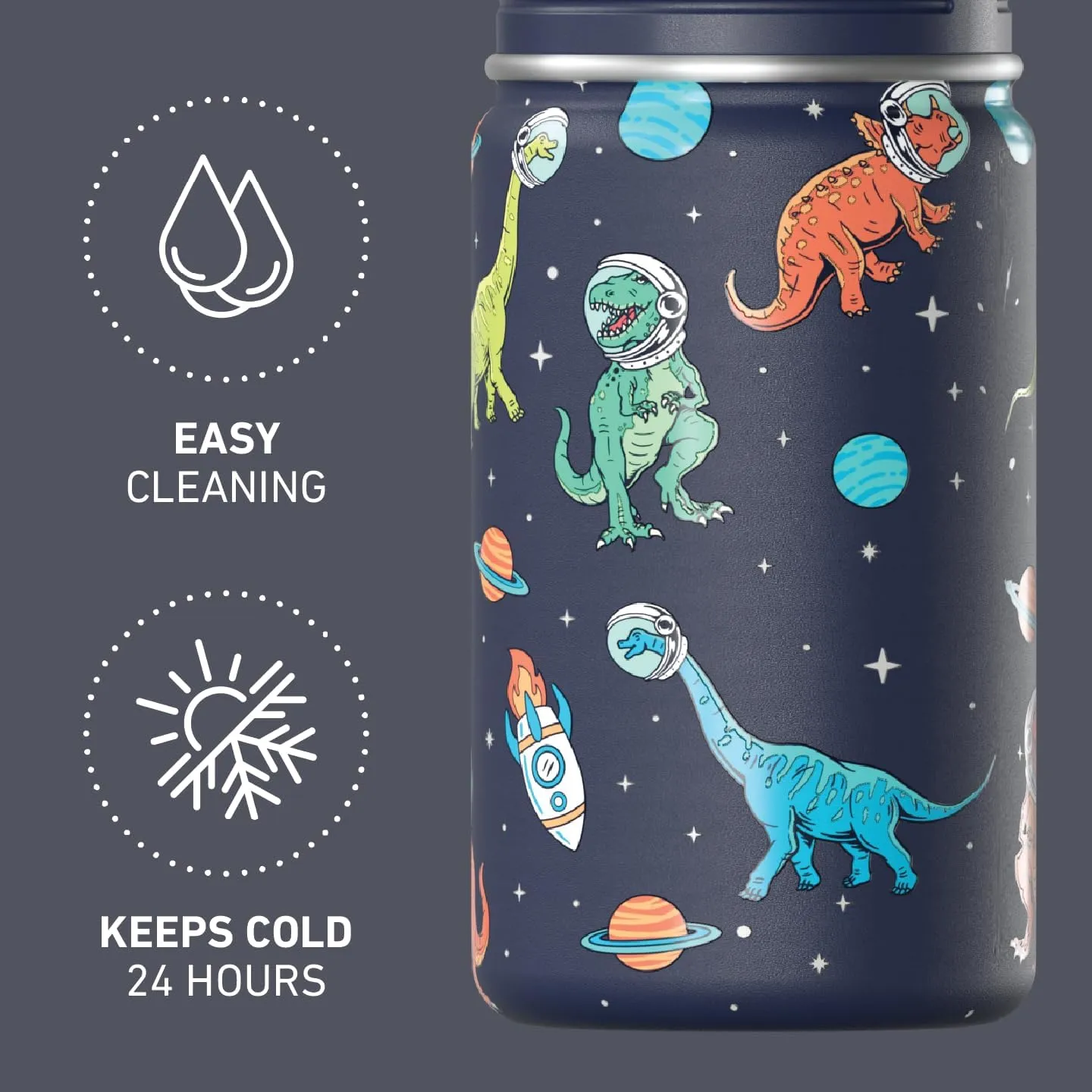 Hydrapeak Mini 14oz Fun Sticker Print Water Bottle with Straw Lid, Stainless Steel Double Wall Insulated Water Bottle, Leak-Proof and Spill-Proof Water Bottle, Dino Space Navy