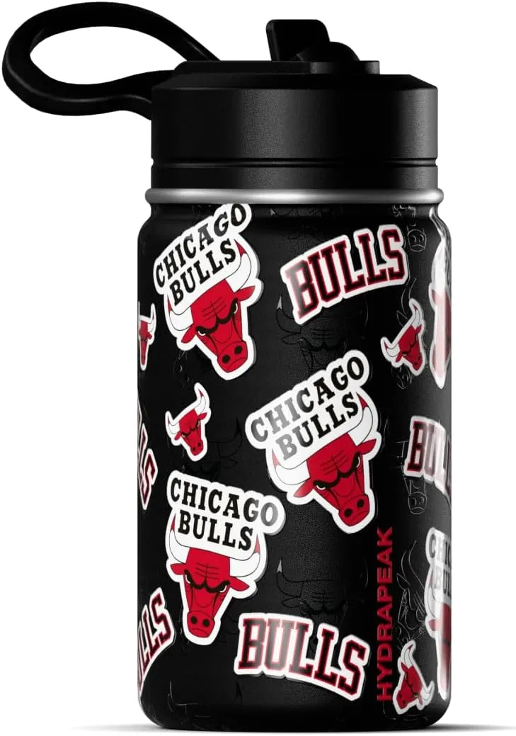 Hydrapeak x NBA Officially Licensed Chicago Bulls 14oz Mini Kids Water Bottle with Straw Lid and Handle Reusable Stainless Steel Double Wall Insulated Spill Proof Sports Gift for Boys Girls