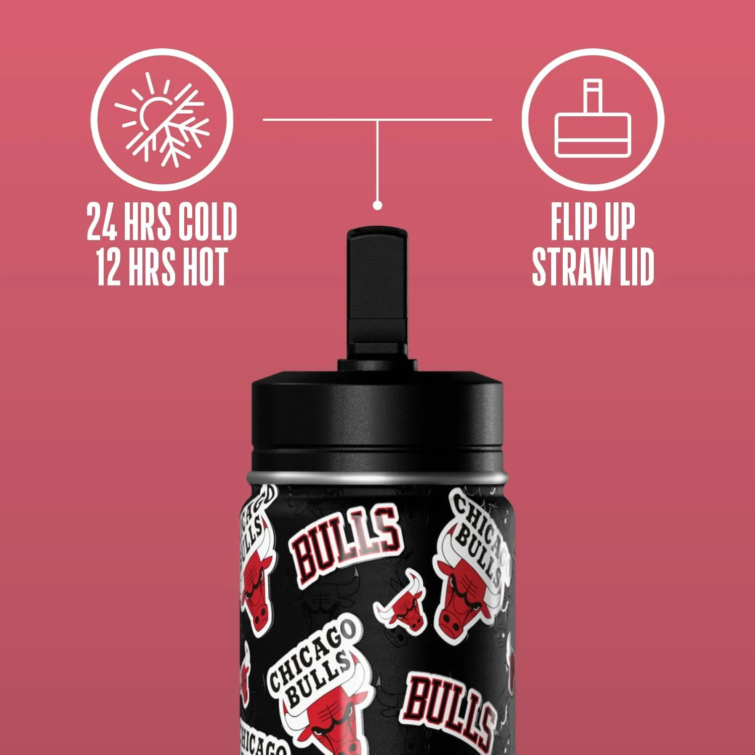 Hydrapeak x NBA Officially Licensed Chicago Bulls 14oz Mini Kids Water Bottle with Straw Lid and Handle Reusable Stainless Steel Double Wall Insulated Spill Proof Sports Gift for Boys Girls
