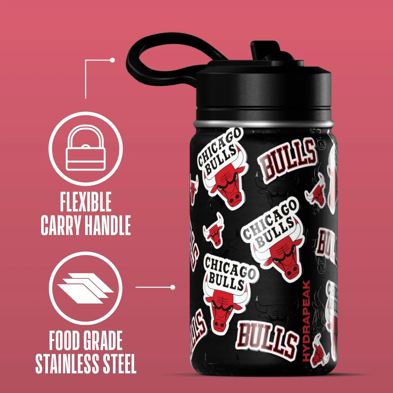 Hydrapeak x NBA Officially Licensed Chicago Bulls 14oz Mini Kids Water Bottle with Straw Lid and Handle Reusable Stainless Steel Double Wall Insulated Spill Proof Sports Gift for Boys Girls