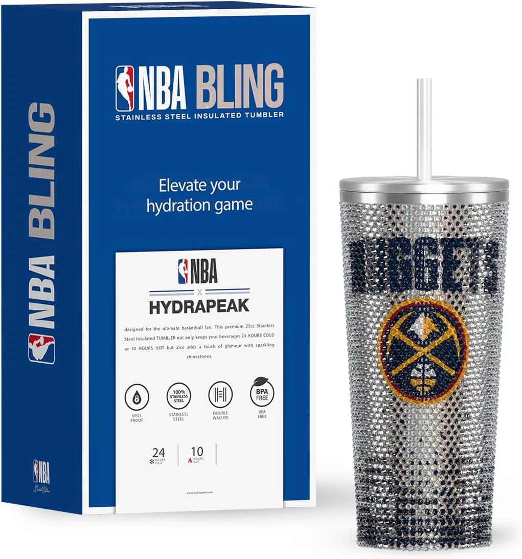 Hydrapeak x NBA Officially Licensed Denver Nuggets 25 oz Rhinestone Bling Tumbler with Straw Lid, Glitter Leakproof Stainless Steel Water Bottle