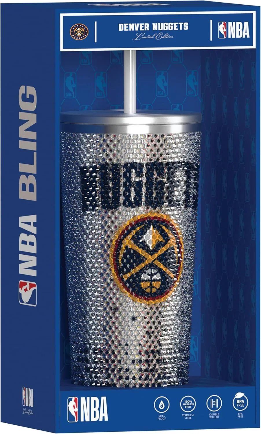 Hydrapeak x NBA Officially Licensed Denver Nuggets 25 oz Rhinestone Bling Tumbler with Straw Lid, Glitter Leakproof Stainless Steel Water Bottle