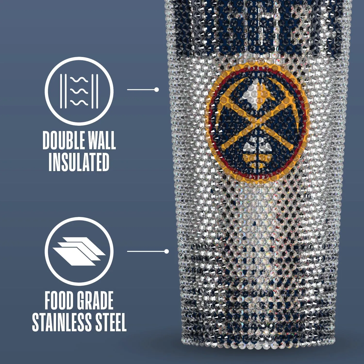 Hydrapeak x NBA Officially Licensed Denver Nuggets 25 oz Rhinestone Bling Tumbler with Straw Lid, Glitter Leakproof Stainless Steel Water Bottle