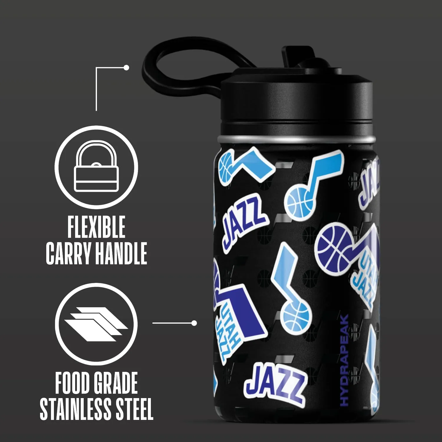Hydrapeak x NBA Officially Licensed Utah Jazz 14oz Mini Kids Water Bottle with Straw Lid and Handle Reusable Stainless Steel Double Wall Insulated Spill Proof Sports Gift for Boys Girls