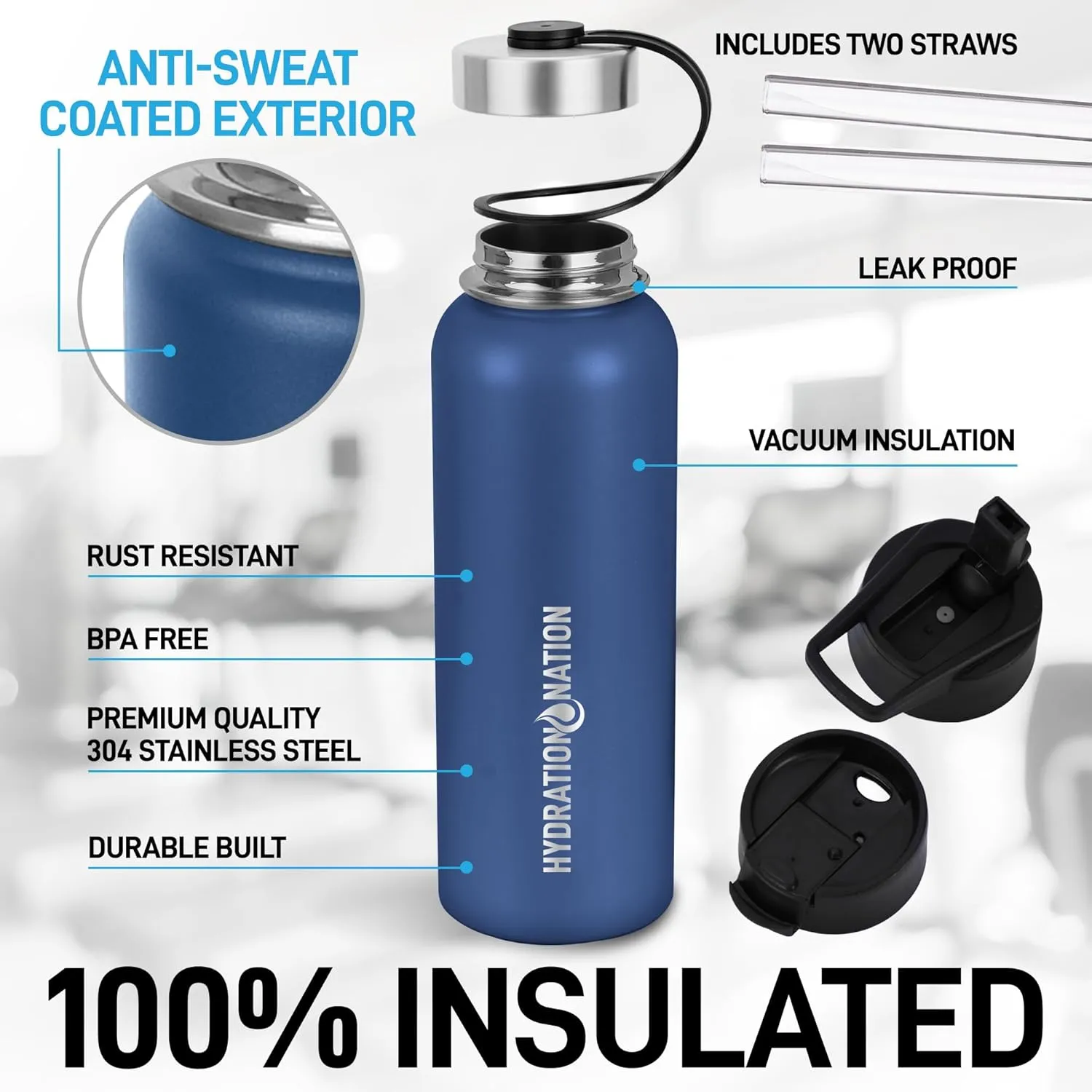 Hydration Nation 3 Lid Multi-Size Vacuum Insulated Water Bottles with Straw - Metal Water Bottle For Sports & Outdoor - Thermo Stainless Steel Water Bottle - Perfect for Hot & Cold Drinks (Blue)