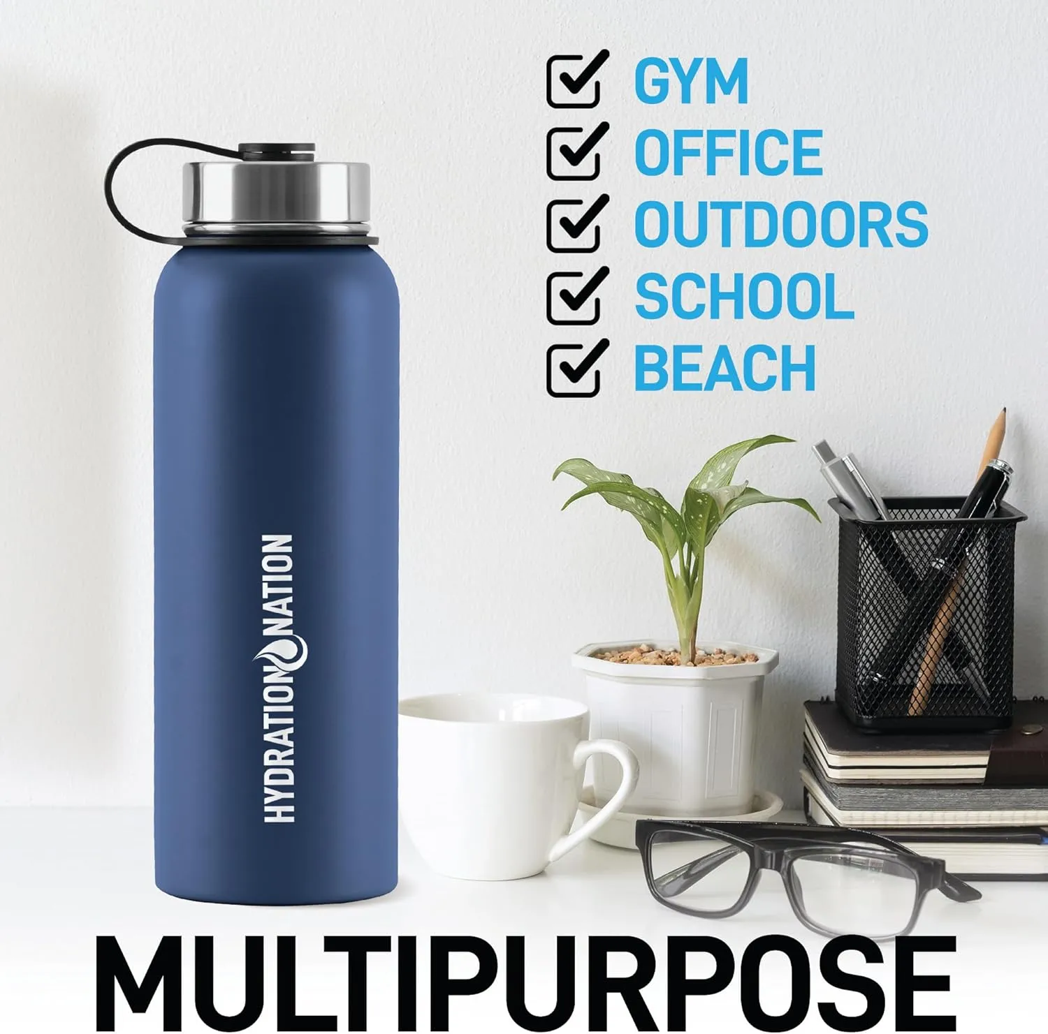 Hydration Nation 3 Lid Multi-Size Vacuum Insulated Water Bottles with Straw - Metal Water Bottle For Sports & Outdoor - Thermo Stainless Steel Water Bottle - Perfect for Hot & Cold Drinks (Blue)