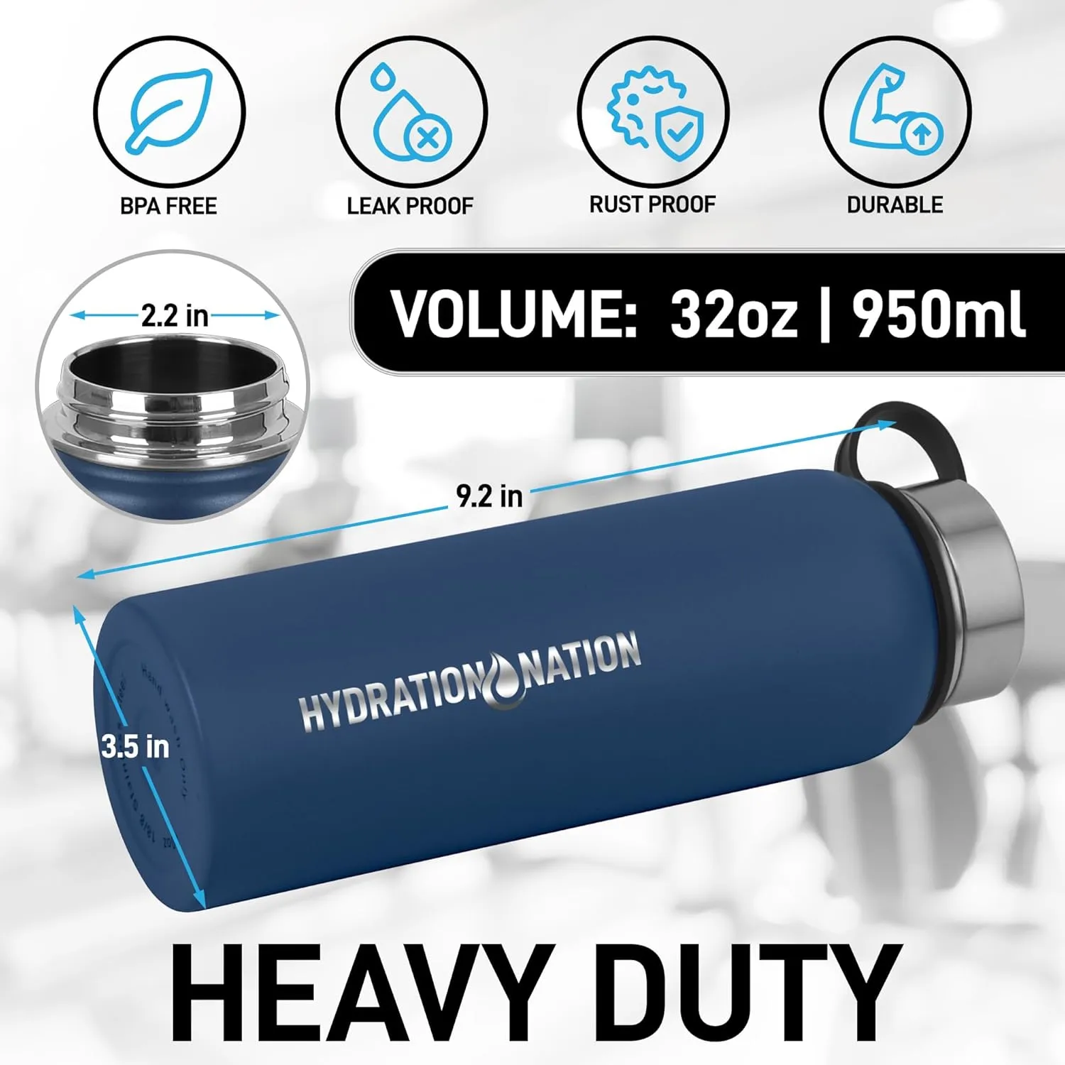 Hydration Nation 3 Lid Multi-Size Vacuum Insulated Water Bottles with Straw - Metal Water Bottle For Sports & Outdoor - Thermo Stainless Steel Water Bottle - Perfect for Hot & Cold Drinks (Blue)