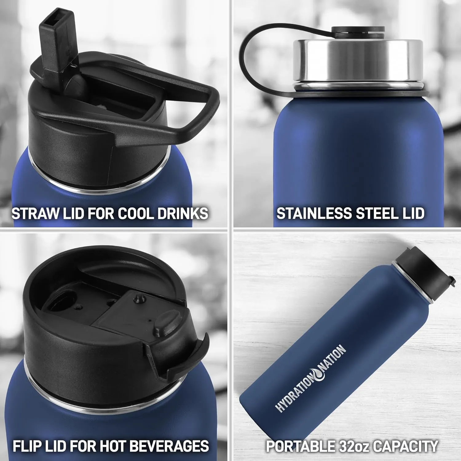 Hydration Nation 3 Lid Multi-Size Vacuum Insulated Water Bottles with Straw - Metal Water Bottle For Sports & Outdoor - Thermo Stainless Steel Water Bottle - Perfect for Hot & Cold Drinks (Blue)