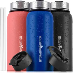 Hydration Nation 3 Lid Multi-Size Vacuum Insulated Water Bottles with Straw - Metal Water Bottle For Sports & Outdoor - Thermo Stainless Steel Water Bottle - Perfect for Hot & Cold Drinks (Blue)