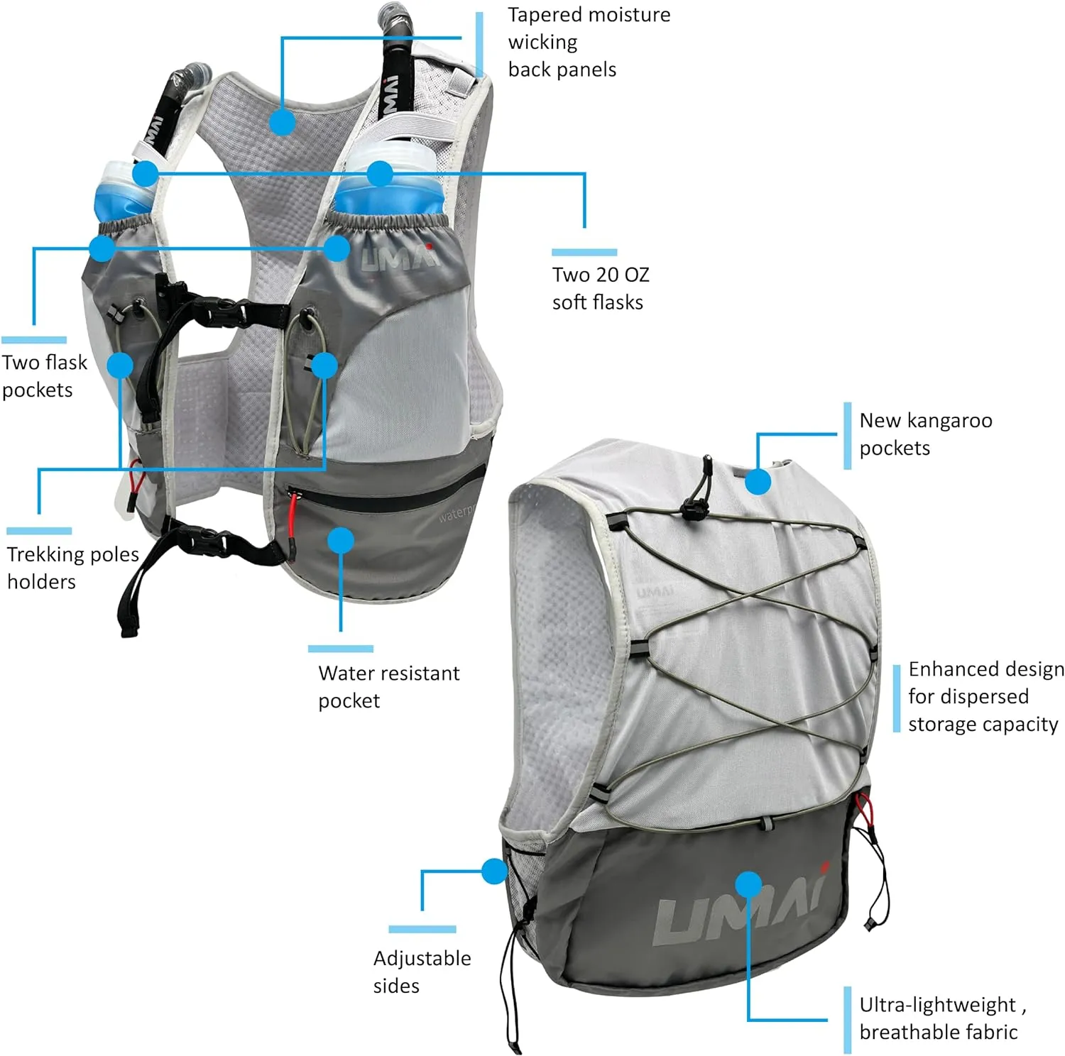 Hydration Running Vest, Hydration Vest with Two Flasks, Grey