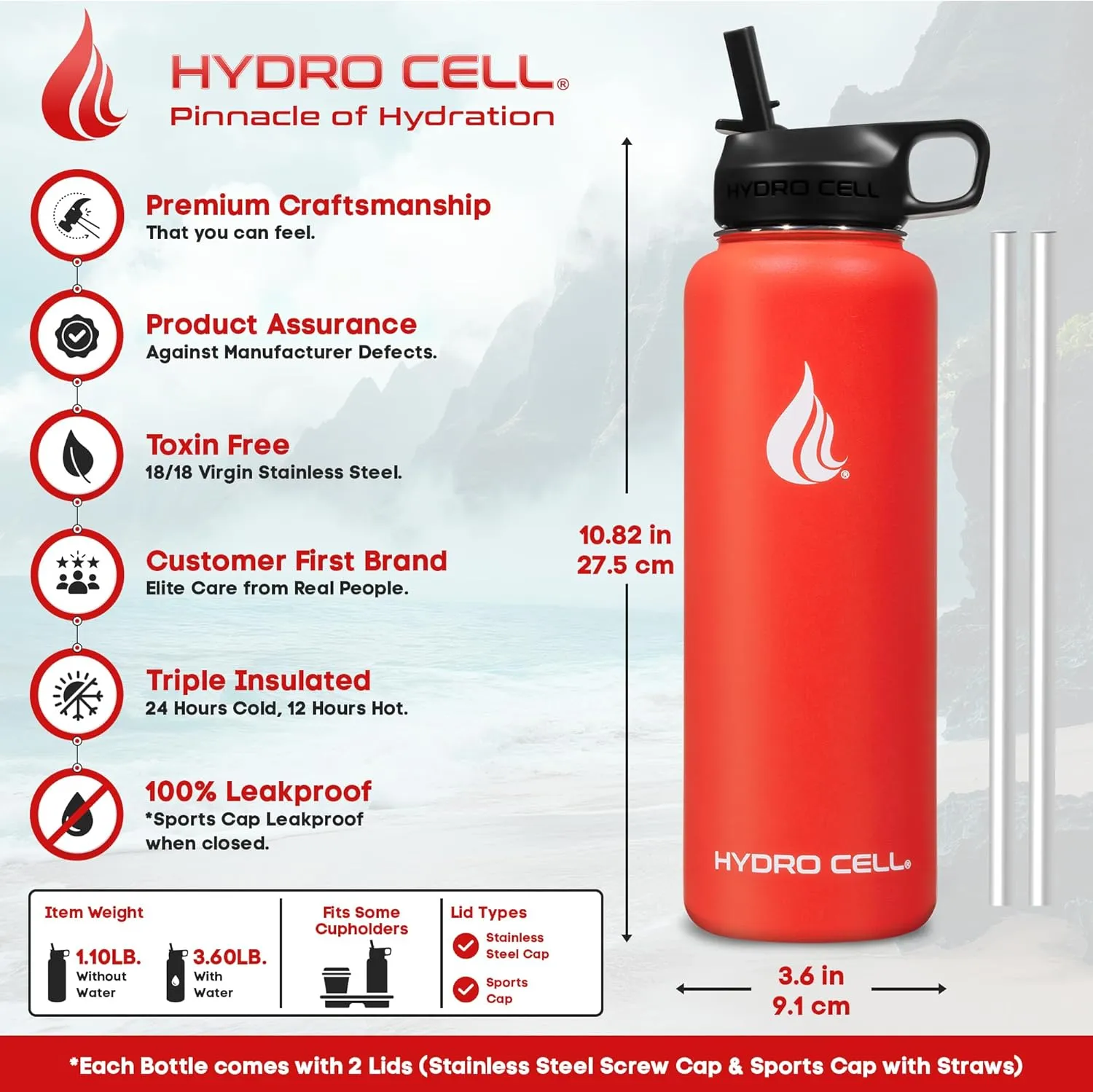 HYDRO CELL Stainless Steel Insulated Water Bottle with Straw - For Cold & Hot Drinks - Metal Vacuum Flask with Screw Cap and Modern Leakproof Sport Thermos for Adults (Mandarin 40oz)