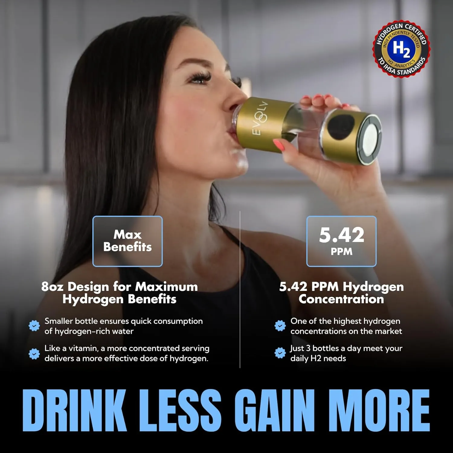 Hydrogen Water Bottle Generator – SPE & PEM Water Ionizer 5.42PPM, Highest H2 Concentration – Portable 8oz Hydrogenated Water Bottle – Leak-Proof Hydrogen Water Machine, Easy to Use – Champagne