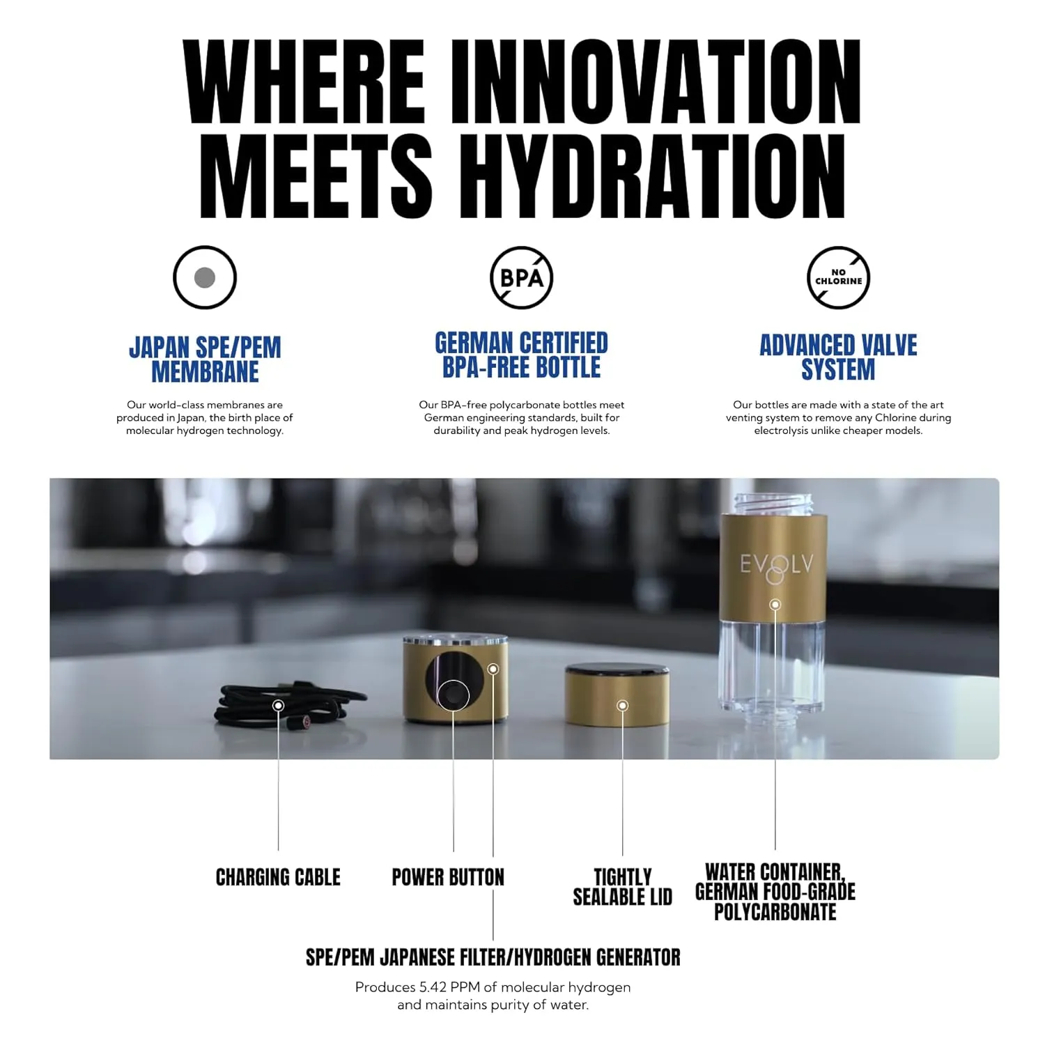 Hydrogen Water Bottle Generator – SPE & PEM Water Ionizer 5.42PPM, Highest H2 Concentration – Portable 8oz Hydrogenated Water Bottle – Leak-Proof Hydrogen Water Machine, Easy to Use – Champagne